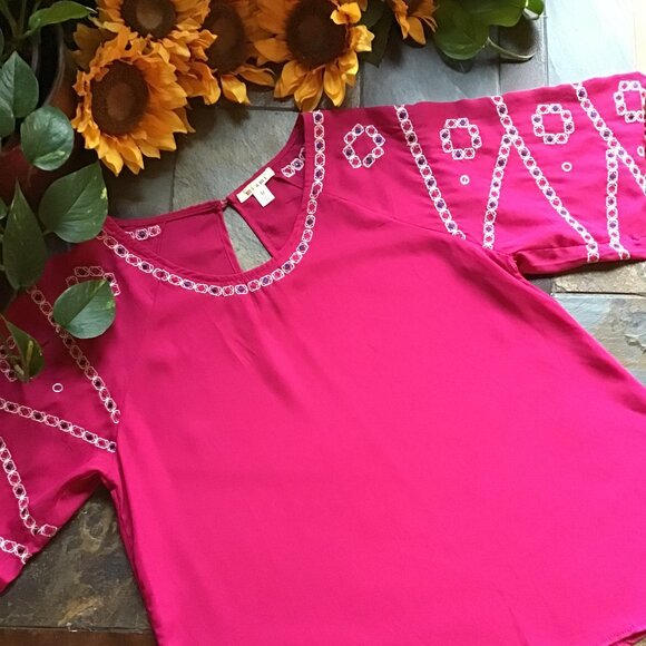 Miami Hot Pink SS Top w/Embellished ¾ Sleeves (NEW) - Picture 1 of 10